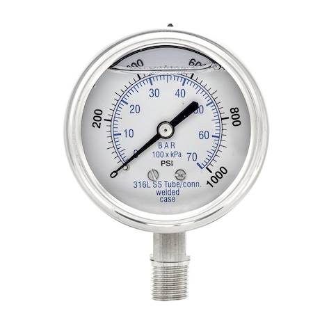 Pro 2 1/2 in Dial, 0/1000 PSI & Bar, 1/4 in NPT, Lower Mount Glycerin Filled Pressure Gauge PRO-301L-254M-01